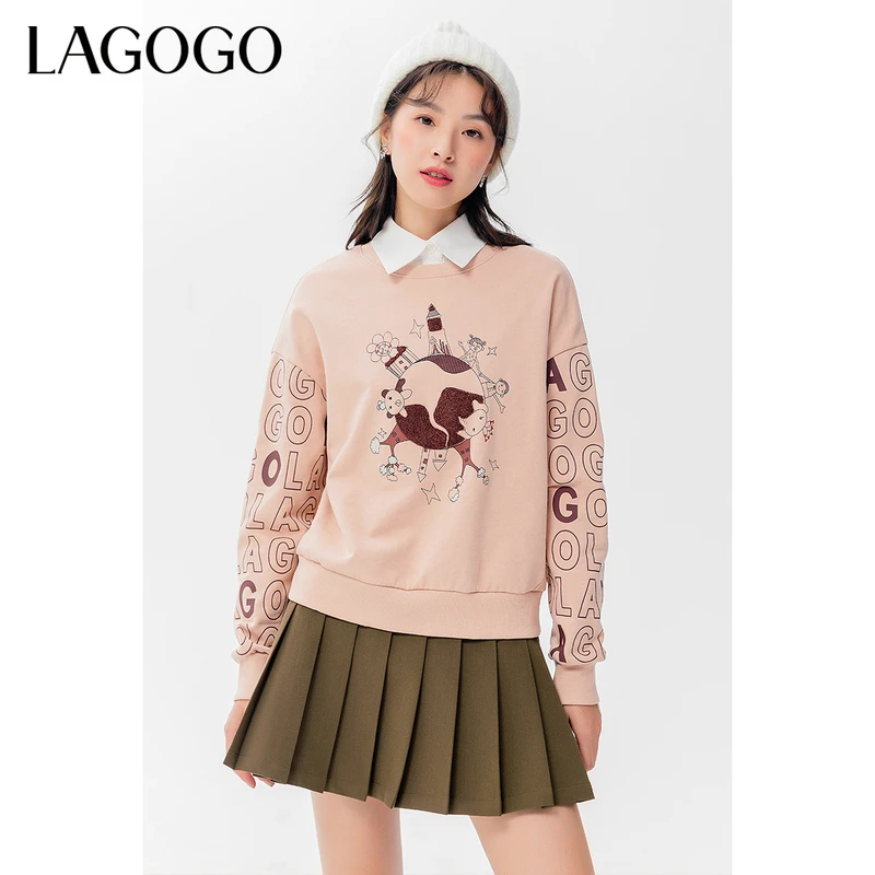 Lagogo新款圆领撞色卡通胶印卫衣女LCEE458C10长袖时尚休闲