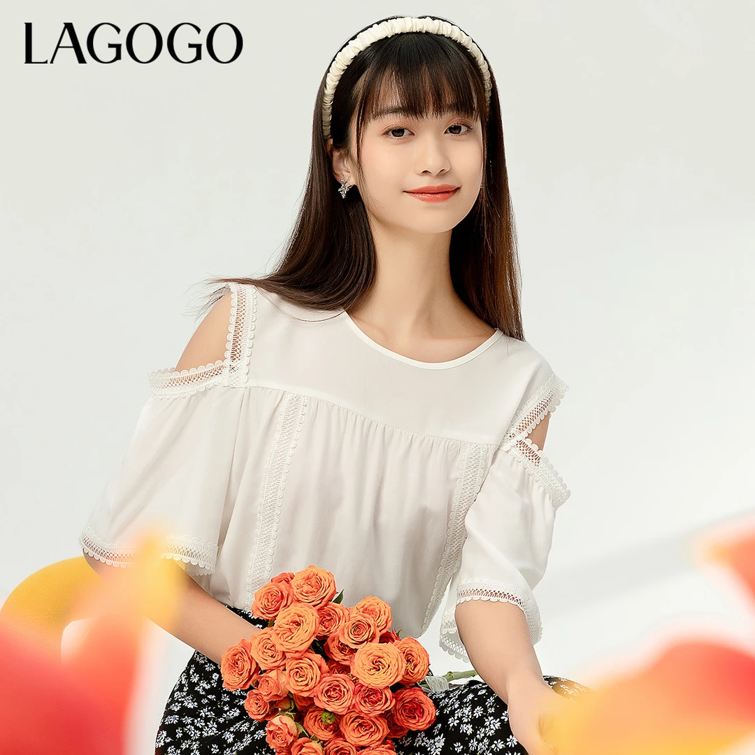 Lagogo新款镂空蕾丝拼接甜美上衣女MASS433A12