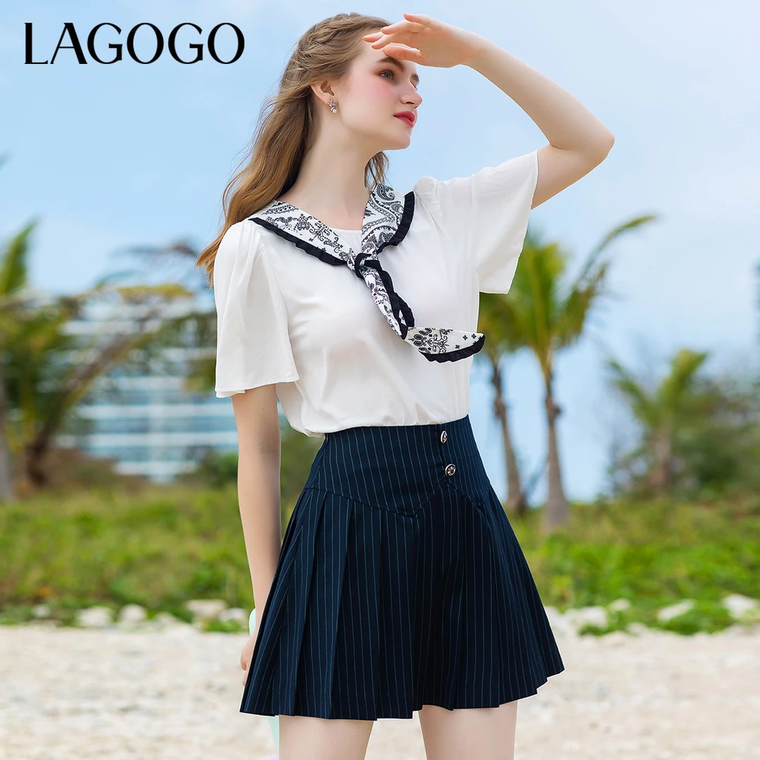 Lagogo拉谷谷春季新款高腰淑女百褶裙设计感半身裙LABB122H81