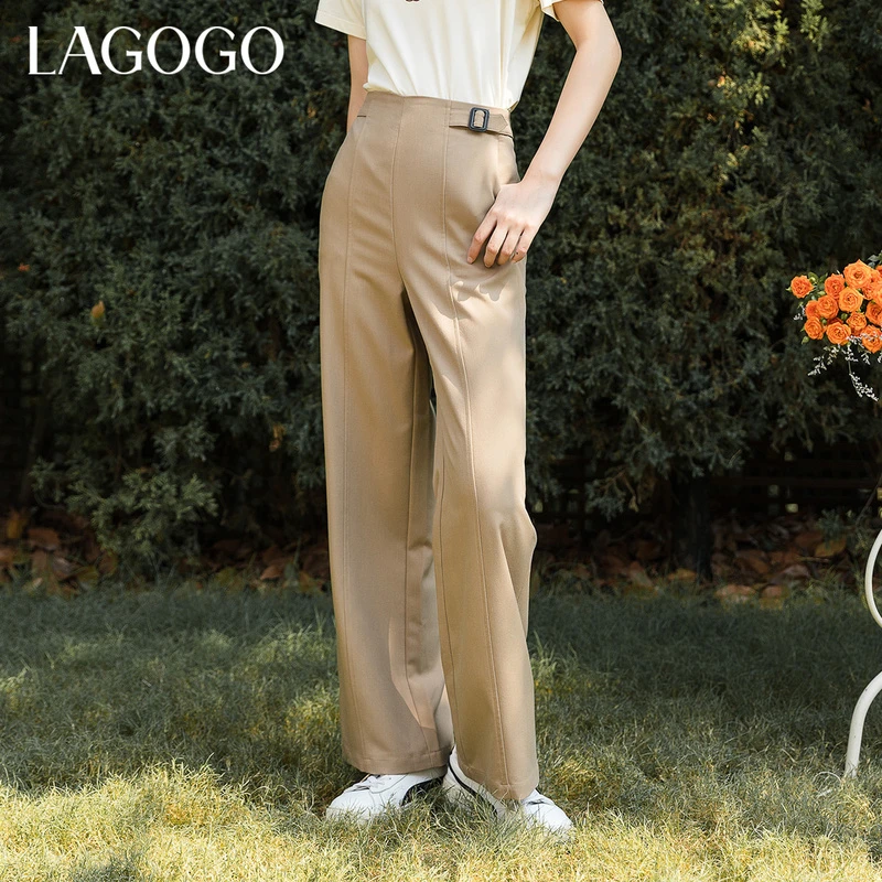 Lagogo新款高腰口袋阔腿休闲裤女LCKK538A72舒适时尚户外女士