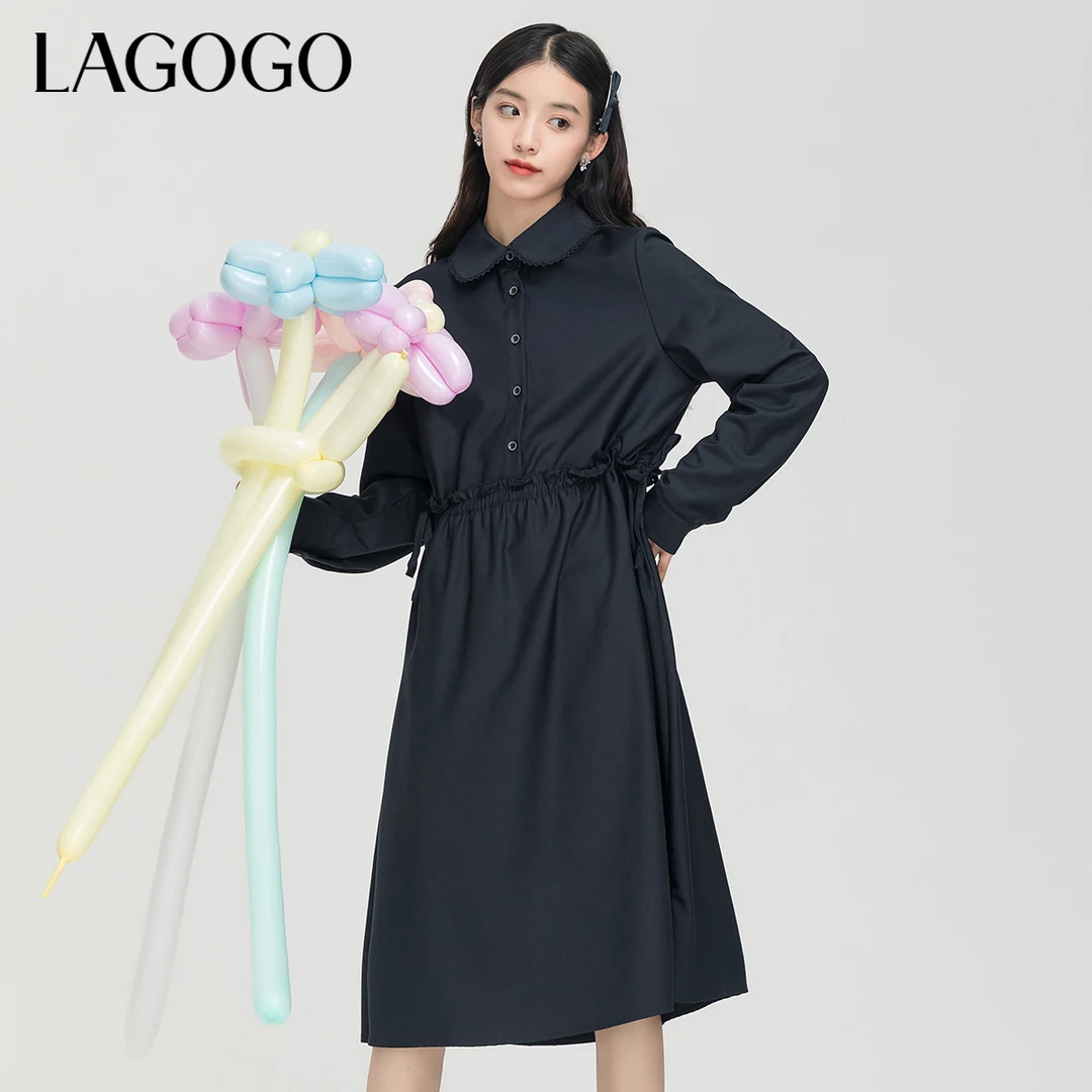 Lagogo拉谷谷夏季新款木耳边藏青色连衣裙女翻领A字裙显瘦