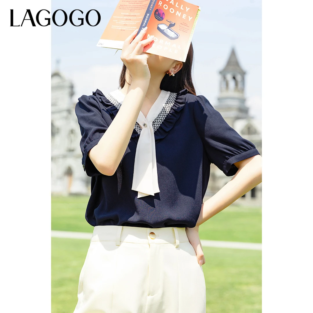 Lagogo拉谷谷夏新款V领泡泡袖藏青短袖设计感雪纺宽松上衣女显瘦