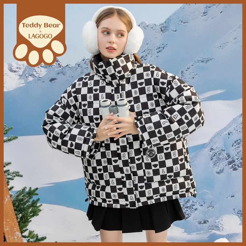 Lagogo新款甜美学院风格子印花羽绒服女LCYY50XA82女羽绒服