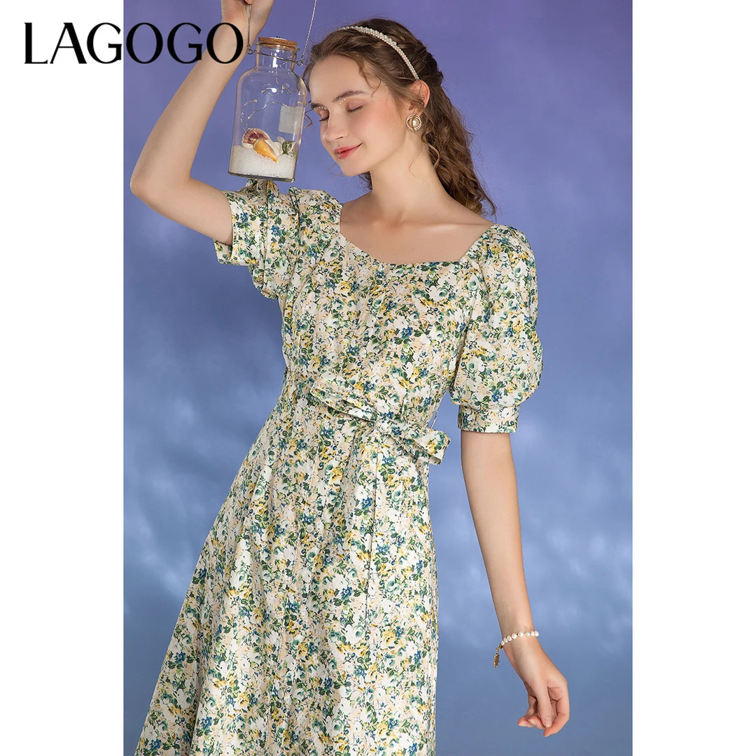 Lagogo拉谷谷夏季新款灯笼袖连衣裙女方领淑女气质裙子碎花