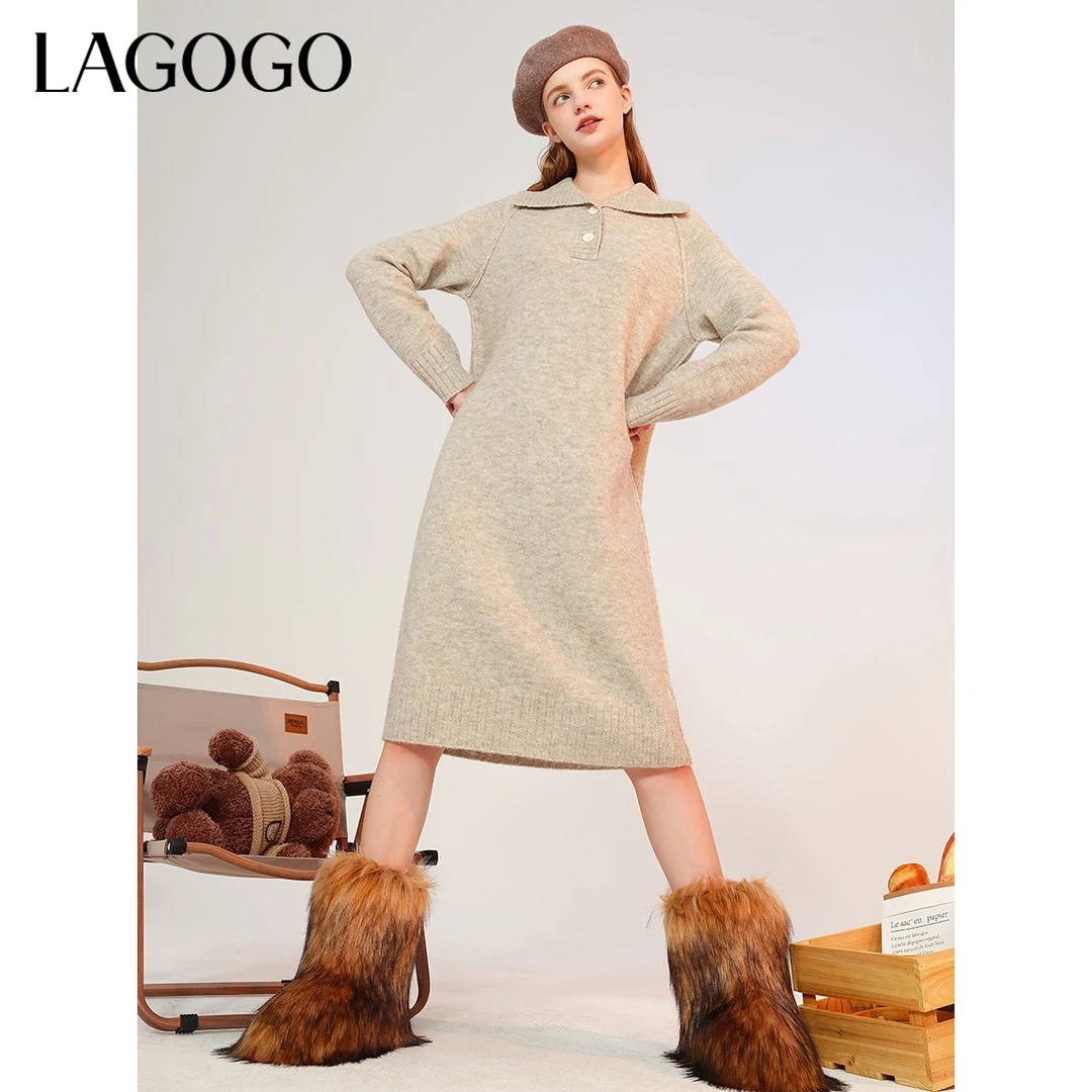 lagogo拉谷谷新款气质翻领慵懒显瘦连衣裙女MCLL73XC