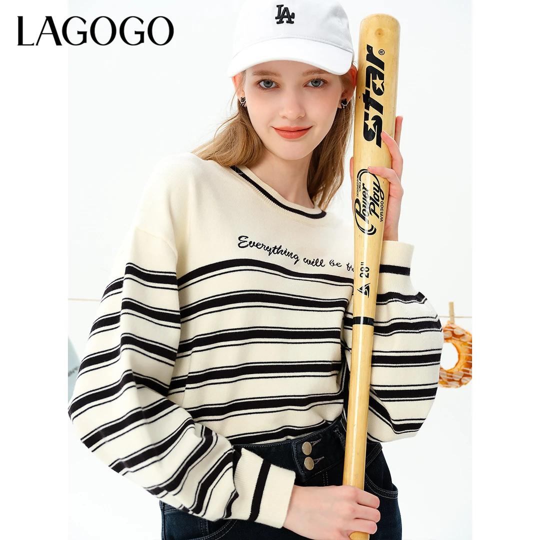lagogo拉谷谷新款慵懒落肩袖条纹刺绣针织衫女MCMM43XA33