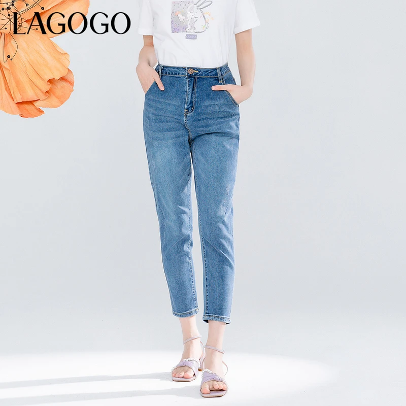 lagogo新款弹力舒适磨破设计感牛仔裤女MANN334A74