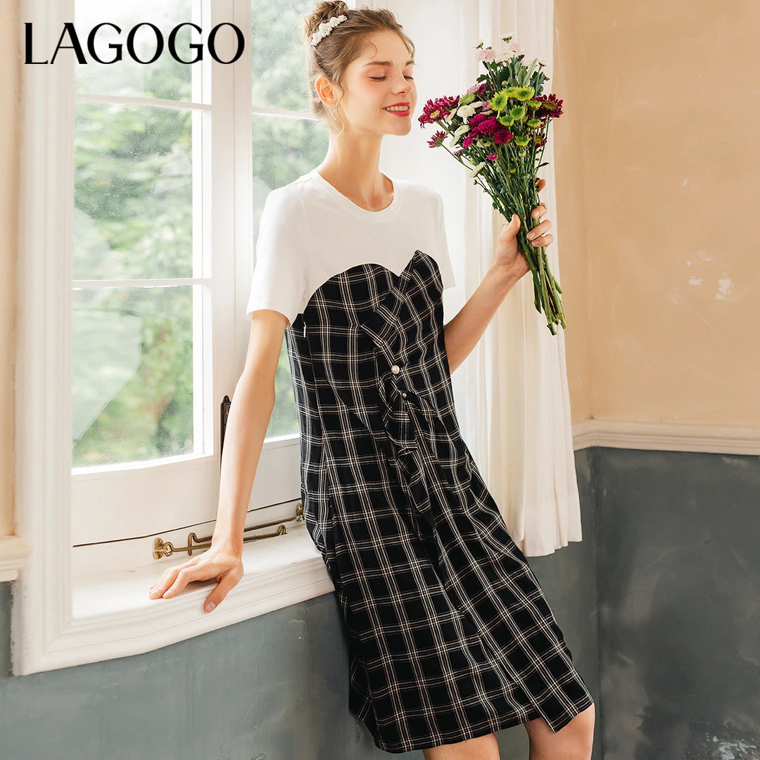 Lagogo拉谷谷夏季设计感短袖拼接连衣裙女圆领黑白A字裙通勤风