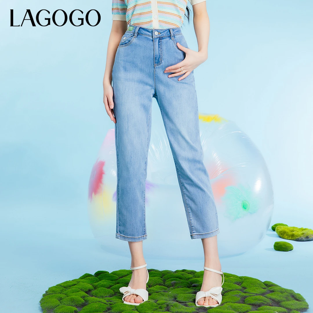 lagogo新款棋盘格贴布高腰牛仔裤女MANN433C72