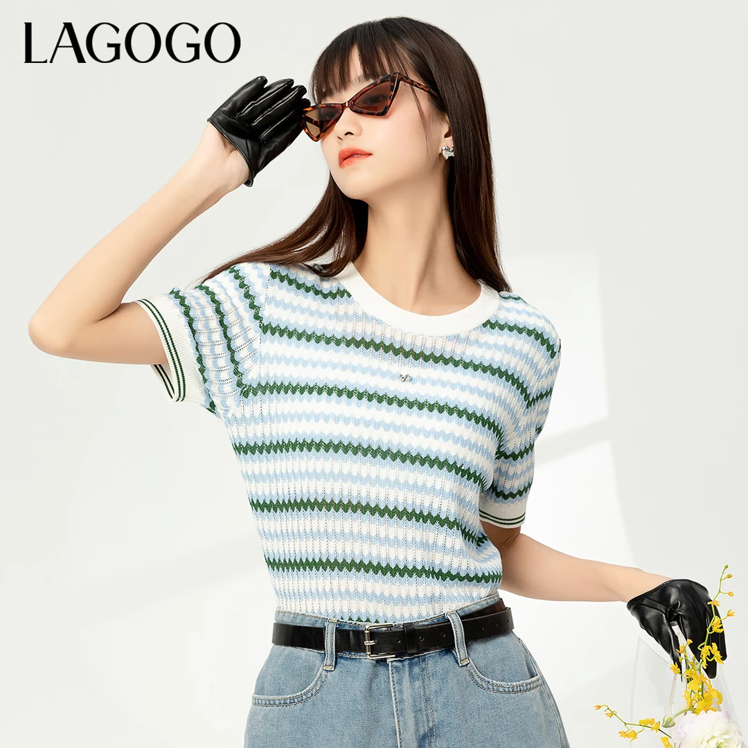 Lagogo新款撞色条纹镂空设计感针织衫女MAMM223A35