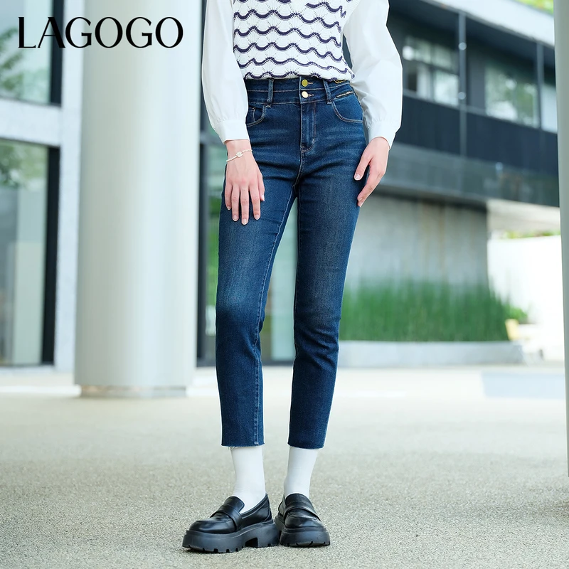 Lagogo新款高腰弹力水洗百搭牛仔裤女MCNN539A91