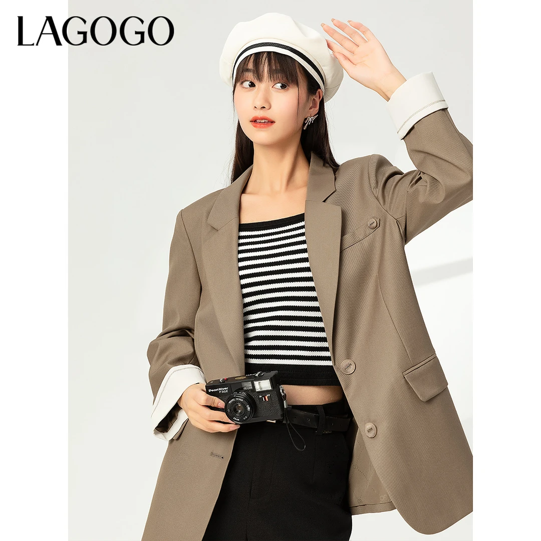 Lagogo新款有垫肩气质翻边开叉西装女MAWW432A42