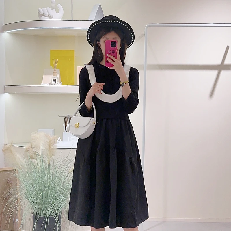 Lagogo/拉谷谷连衣裙显瘦气质时尚黑色法式收腰拼接连衣裙显瘦a字