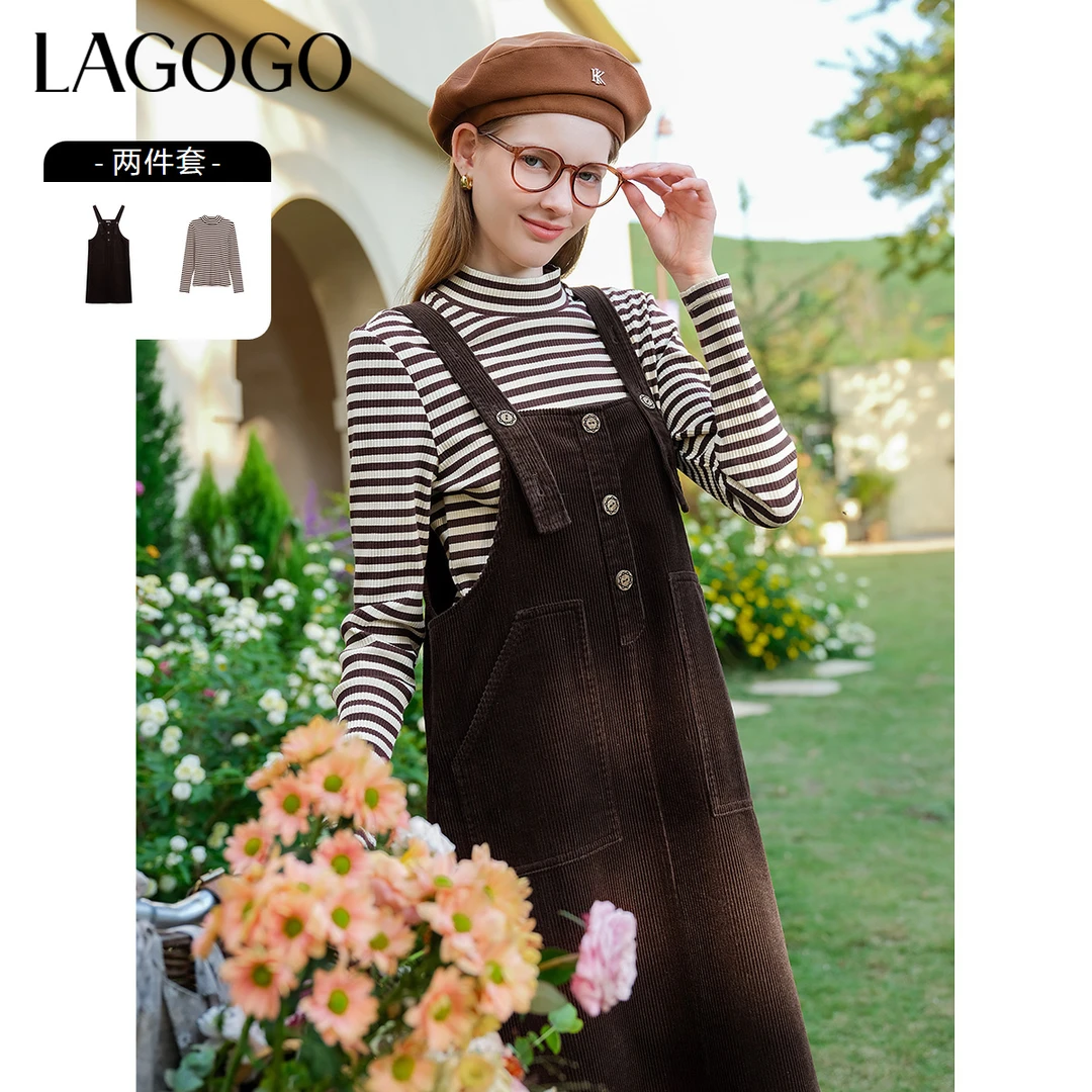 lagogo拉谷谷新款灯芯绒复古层次感假两件裙女MCLL83YA14