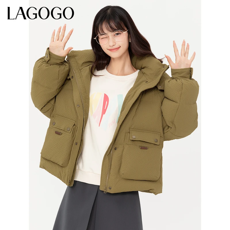 lagogo拉谷谷新款压花精致格子小个子羽绒服女MCYY23YA53