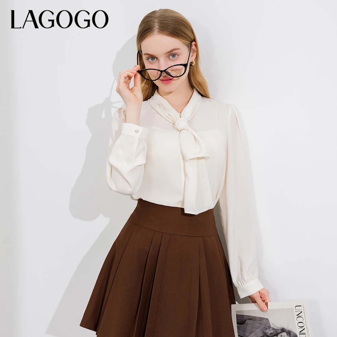 lagogo拉谷谷新款甜美系带弹力舒适气质上衣女NASS532A13