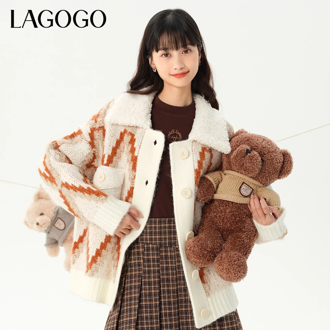 lagogo拉谷谷新款翻领混色提花弹力舒适外套女MCWW57XC54