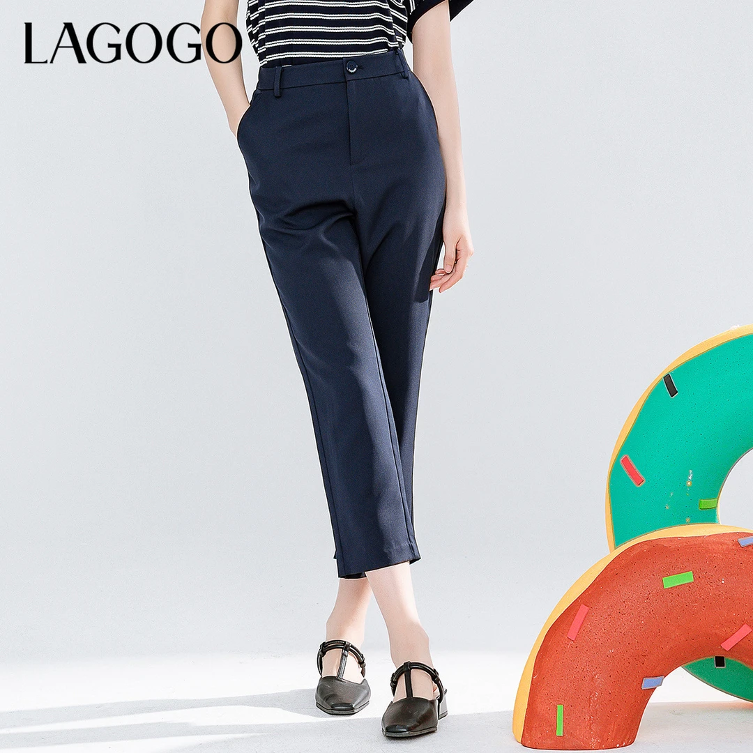 lagogo新款高腰开叉休闲小黑裤女MAKK334C62