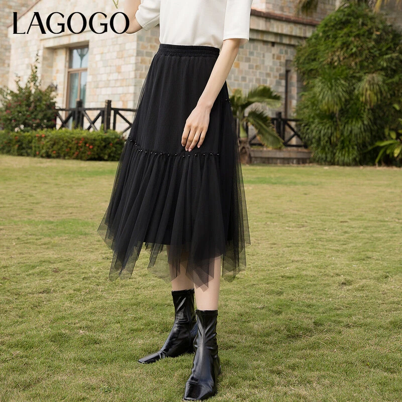 Lagogo新款松紧高腰钉珠装饰半身裙女LABB331C83