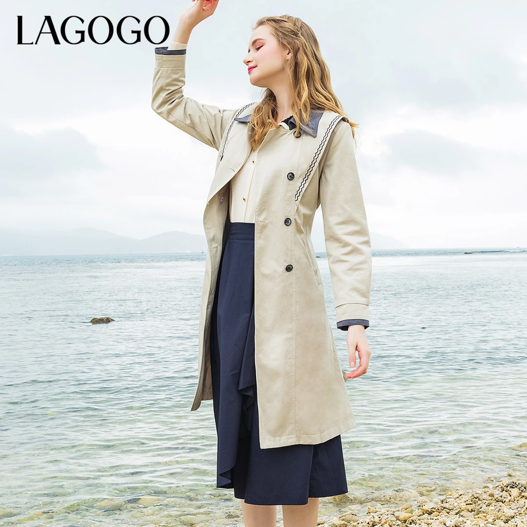 Lagogo拉谷谷春季新款翻领中长款双排扣灰驼色气质风衣女修身外套