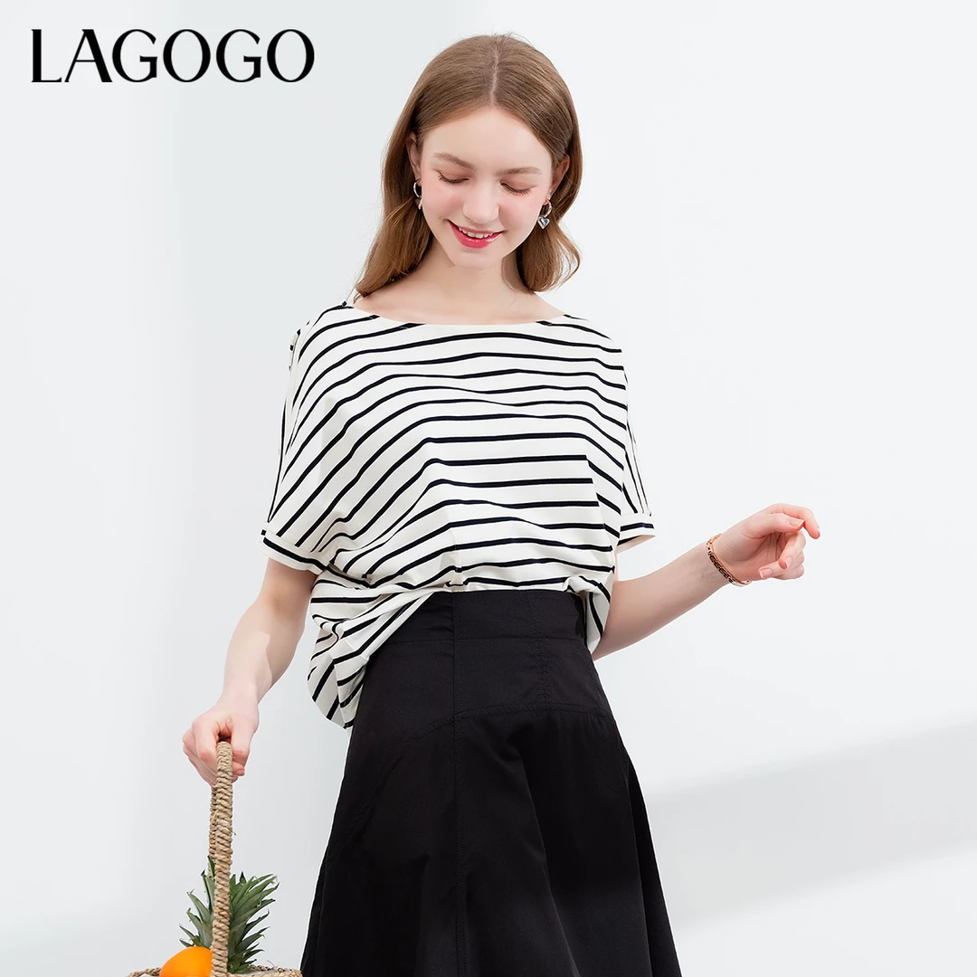 lagogo拉谷谷新款全棉舒适条纹宽松蝙蝠袖T恤女NASS324B13