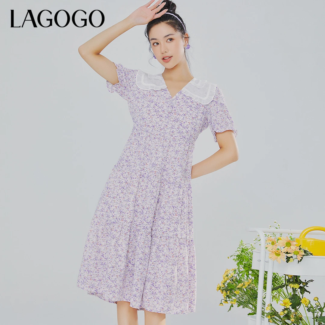 lagogo新款田园风清爽泡泡袖碎花裙女MALL355C50