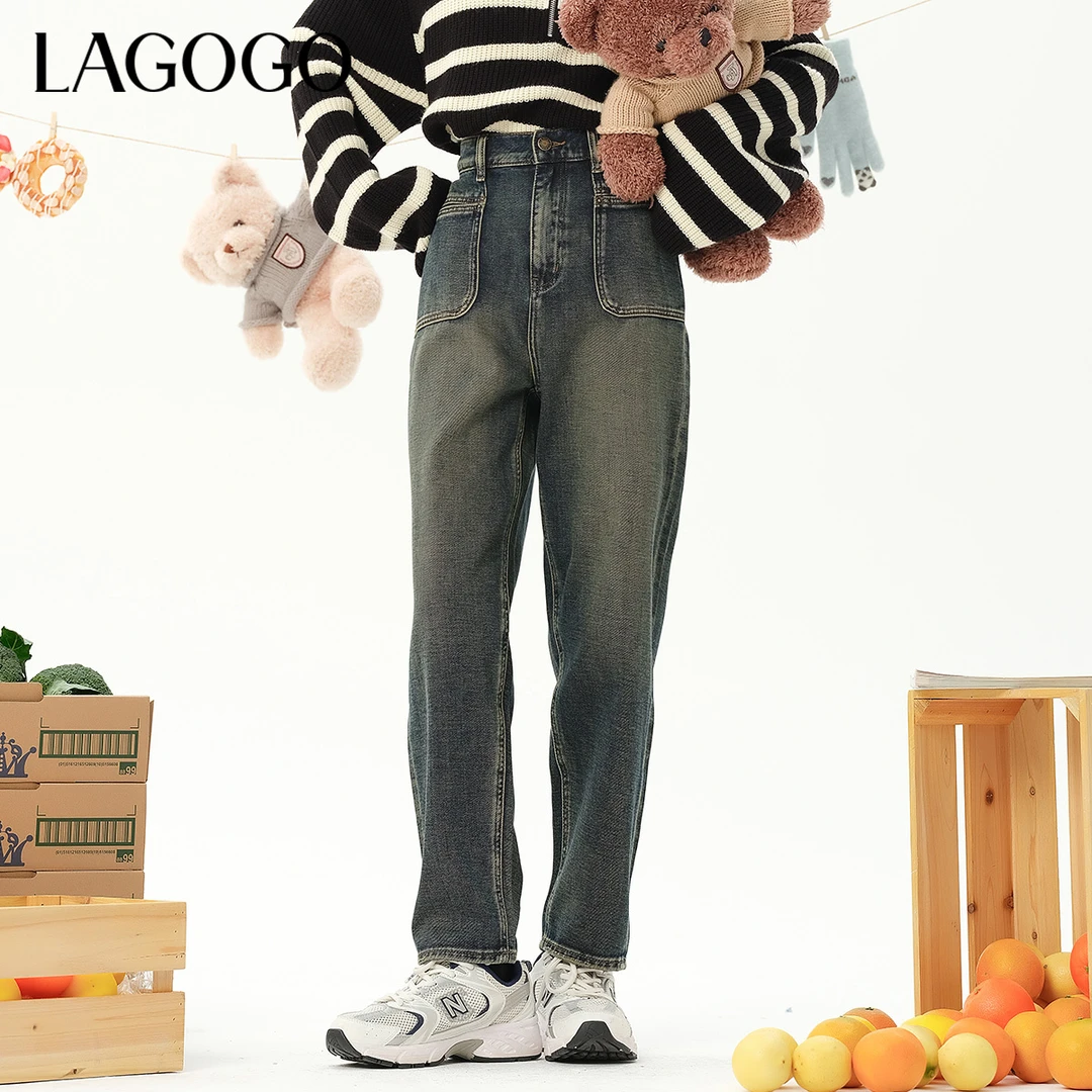 lagogo拉谷谷新款高腰舒适挺括百搭牛仔裤女MCNN53XF91