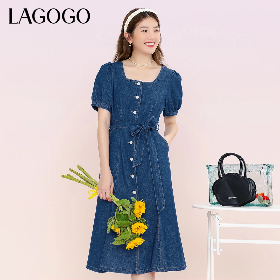 Lagogo新款方领泡泡袖可爱鱼尾牛仔裙女MALL335C34