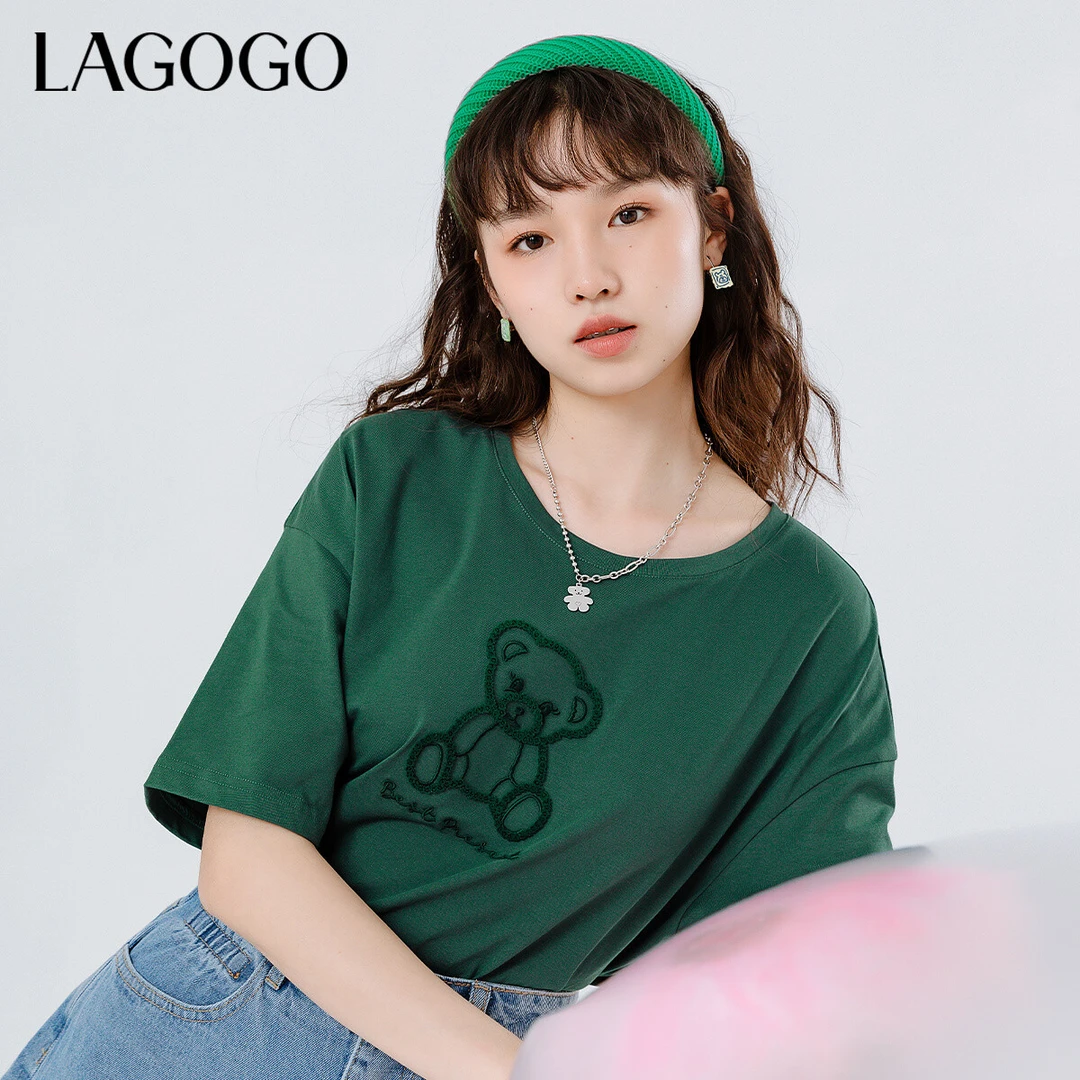 lagogo新款清新显白小熊可爱T恤女MATT313F02