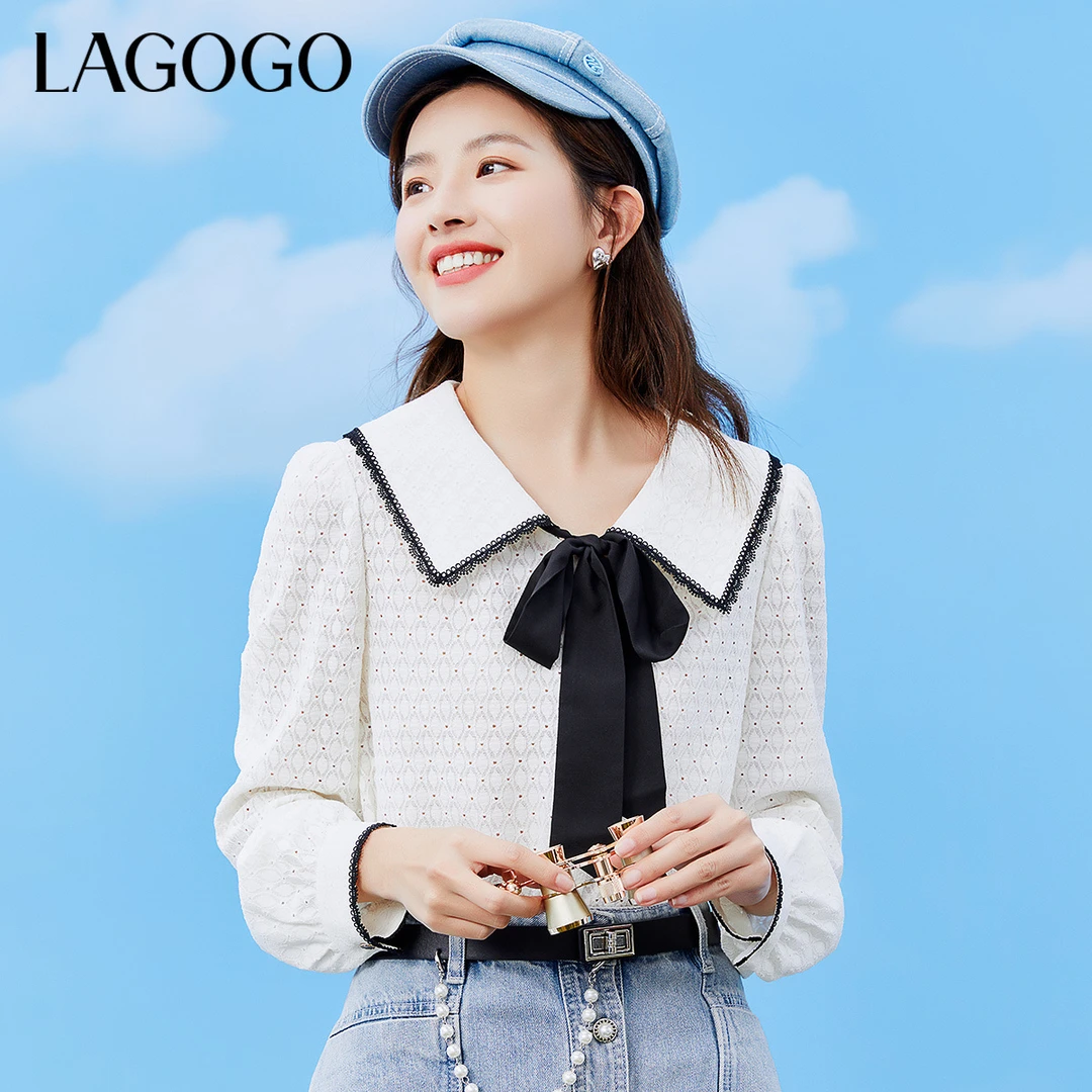 Lagogo新款撞色蕾丝精致系带衬衫女MACC491C