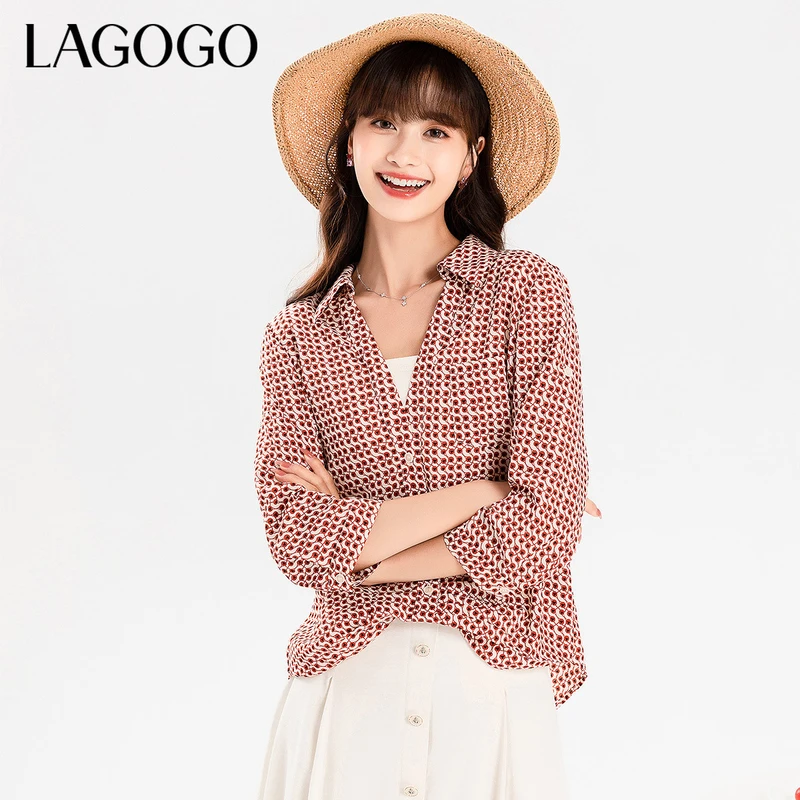 lagogo新款V领可吊袖拼接印花雪纺衫女MASS404A12