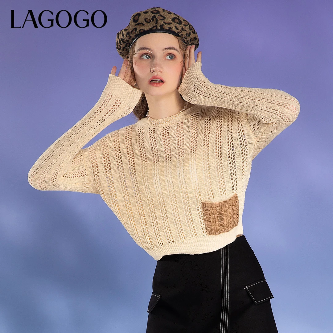 Lagogo拉谷谷夏新款镂空设计轻薄短款浅驼色套头针织衫女温柔简约