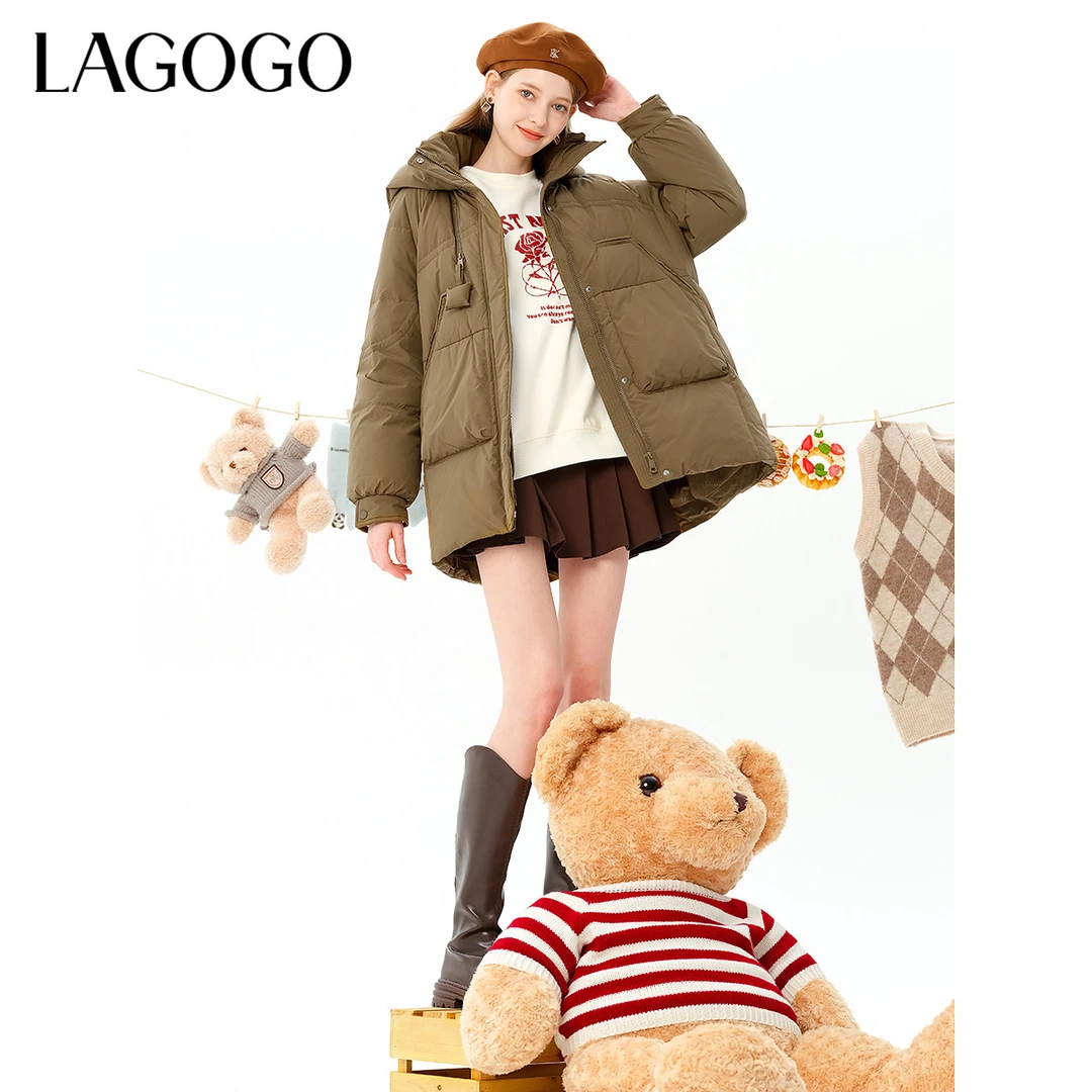 lagogo拉谷谷新款连帽舒适插肩袖保暖羽绒服女MCYY53YA54