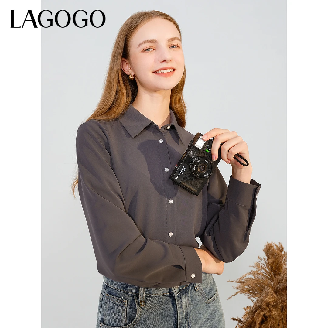 lagogo拉谷谷新款经典翻领舒适弹力衬衫女MCCC439Q16