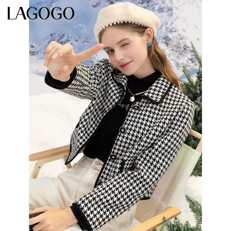Lagogo新款气质亮丝千鸟格显瘦短外套女LCWW549C49上衣女外套