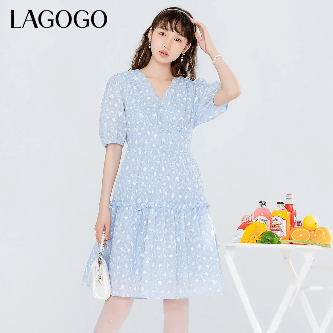 lagogo新款V领气质包扣连衣裙女MALL304F41