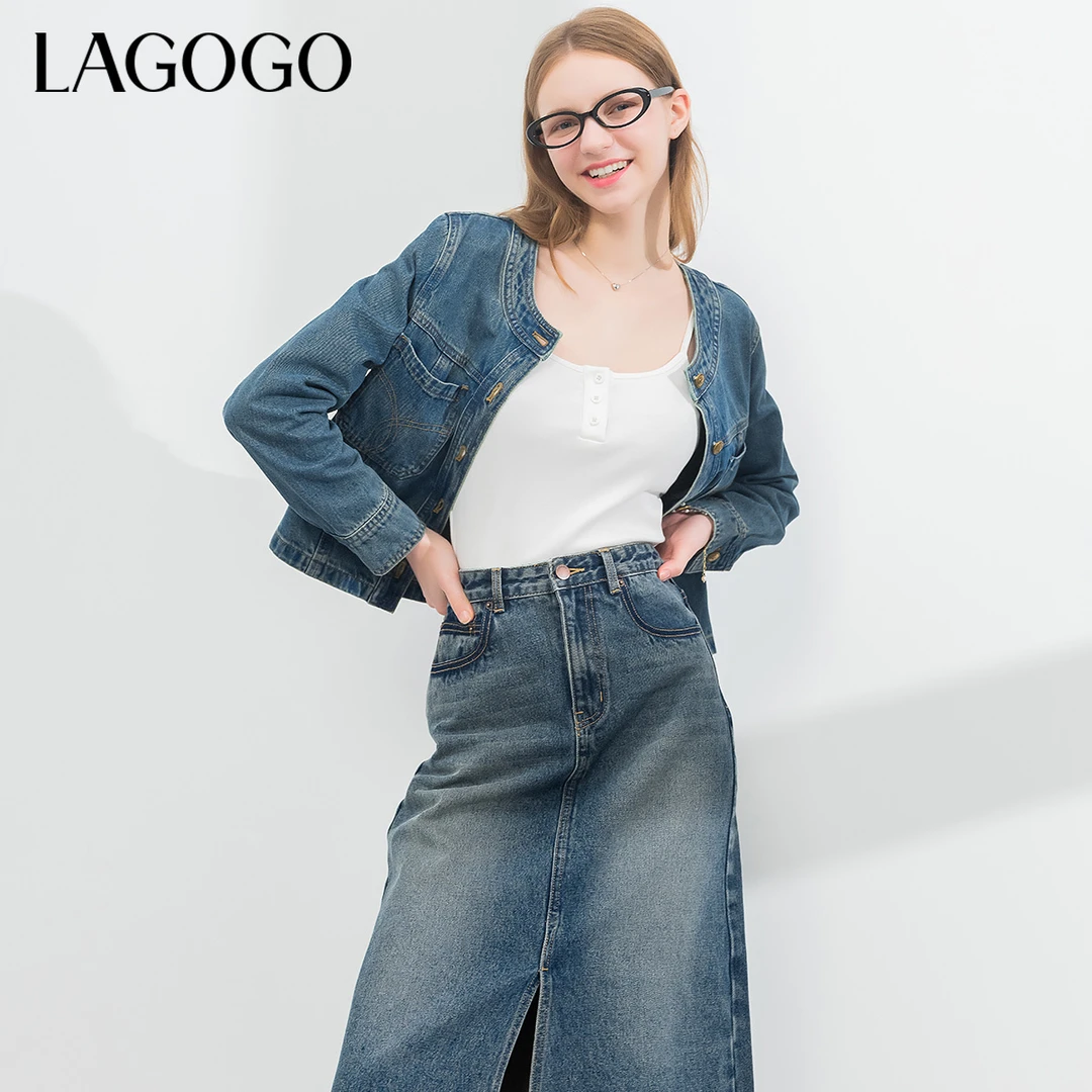 lagogo拉谷谷新款圆领挺括复古做旧牛仔外套女NAWW533C41