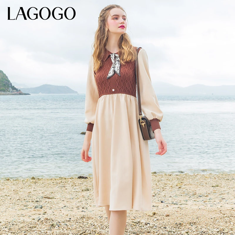 Lagogo新款撞色拼接飘带装饰连衣裙女LALL751C62