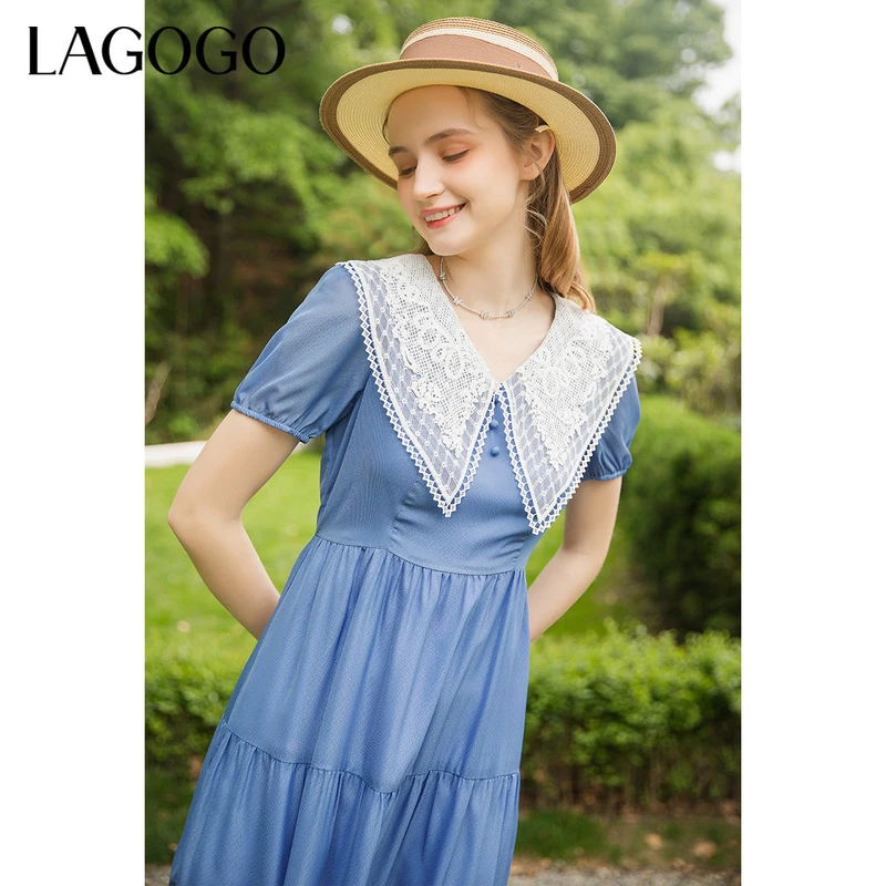 Lagogo新款拼接蕾丝双层领泡泡袖连衣裙女LALL354C56