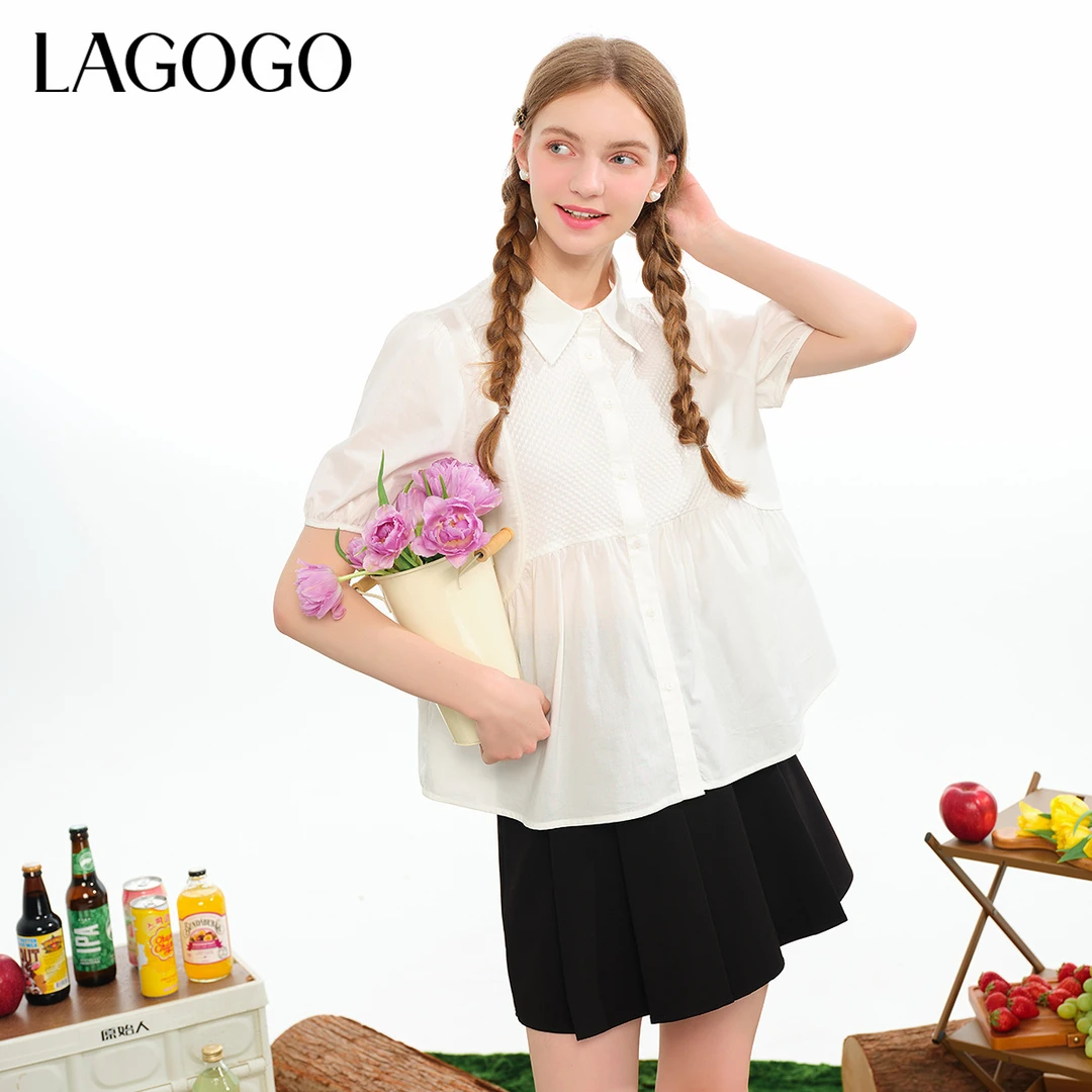lagogo拉谷谷新款全棉舒适泡泡袖设计感衬衫女NACC354C42