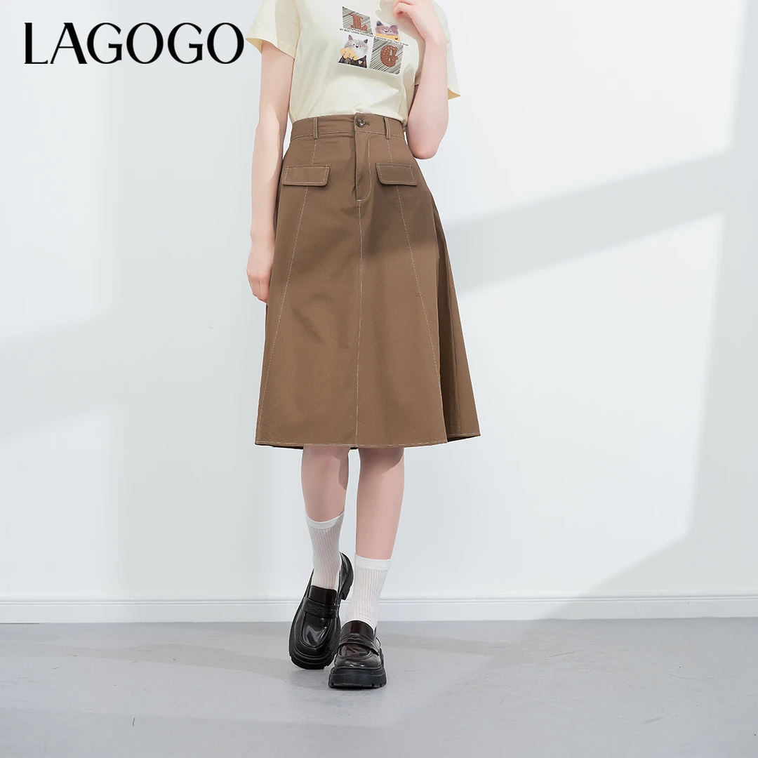 lagogo拉谷谷新款全棉舒适美拉德显瘦半裙女NABB234A53