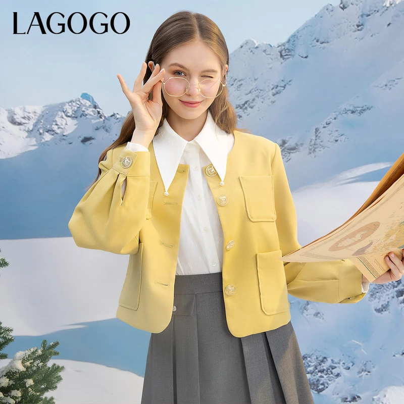 Lagogo新款圆领复古精致纽扣休闲外套长袖女士设计感学院风女