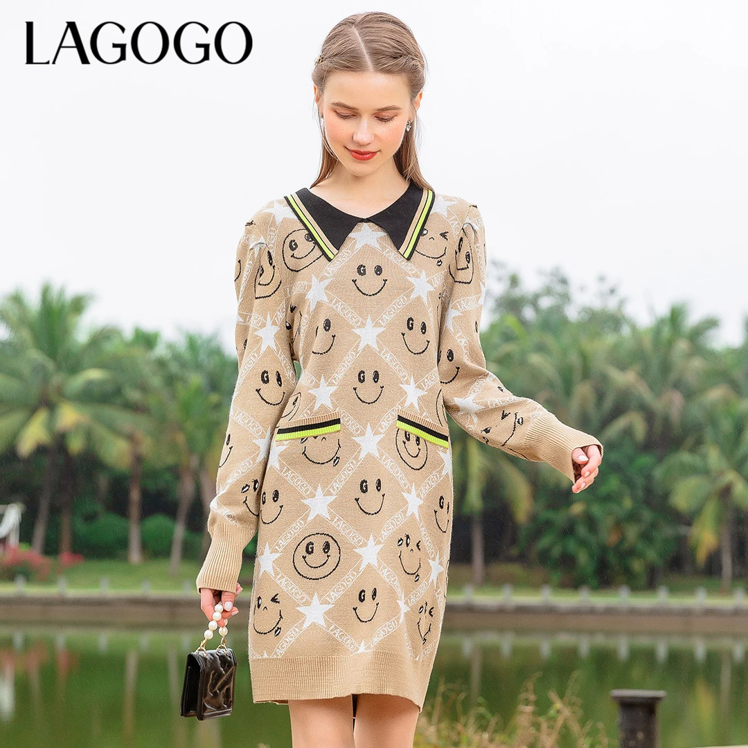 Lagogo拉谷谷春新款翻领连衣裙女笑脸泡泡袖长袖裙子拼接冬季长裙