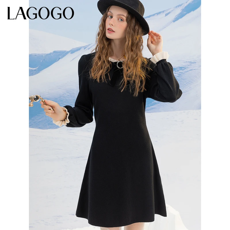 Lagogo新款蝴蝶结泡泡袖撞色高腰连衣裙女LCLL73XA21