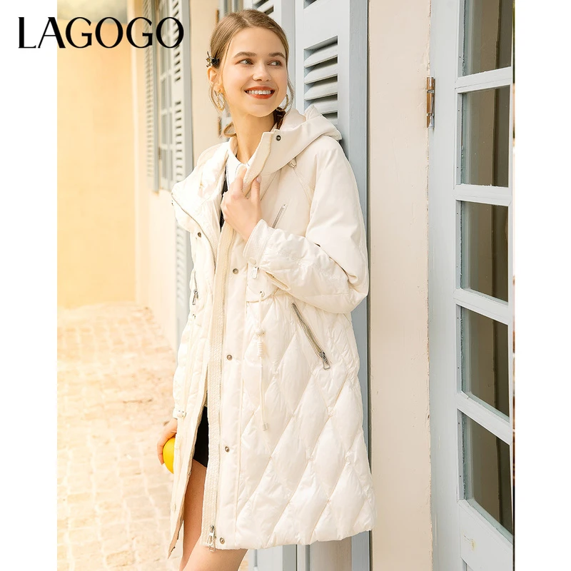 Lagogo连帽抽绳拉链口袋周韵羽绒服羽绒服女时尚休闲百搭保暖秋冬