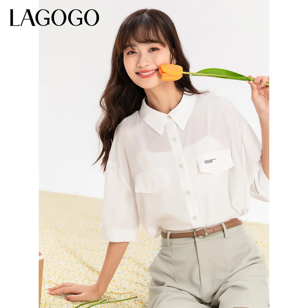 lagogo新款气质系带假口袋层次感衬衫女MACC234A21