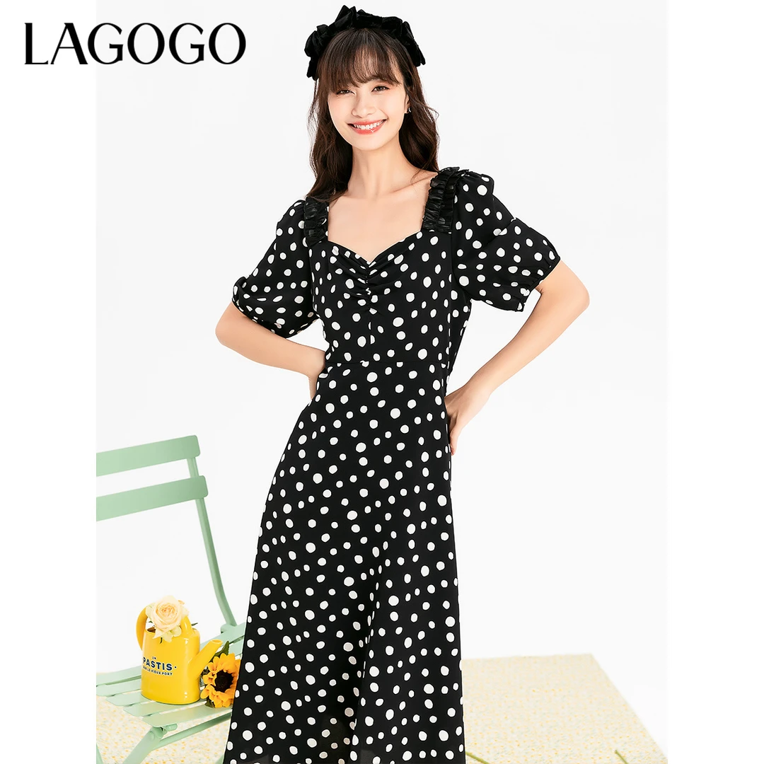 lagogo新款甜美泡泡袖可爱波点连衣裙女MALL304A47
