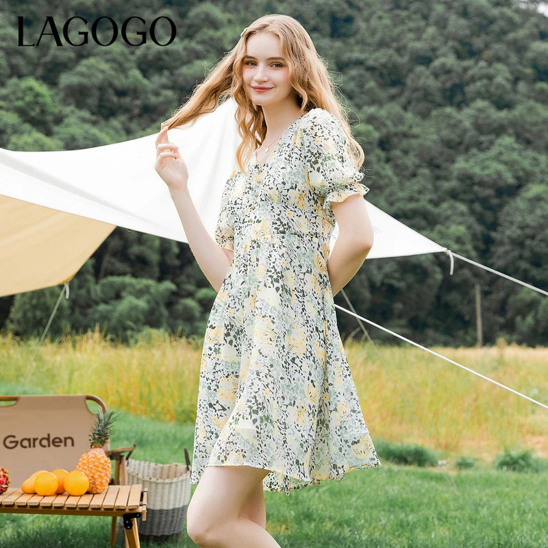 Lagogo新款V领高腰泡泡袖连衣裙女LALL305A59