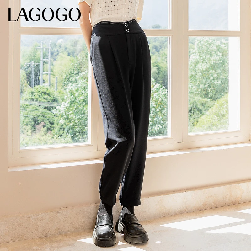 Lagogo/拉谷谷新款高腰撞色明线复古纽扣裤子女显瘦LCKK437C71