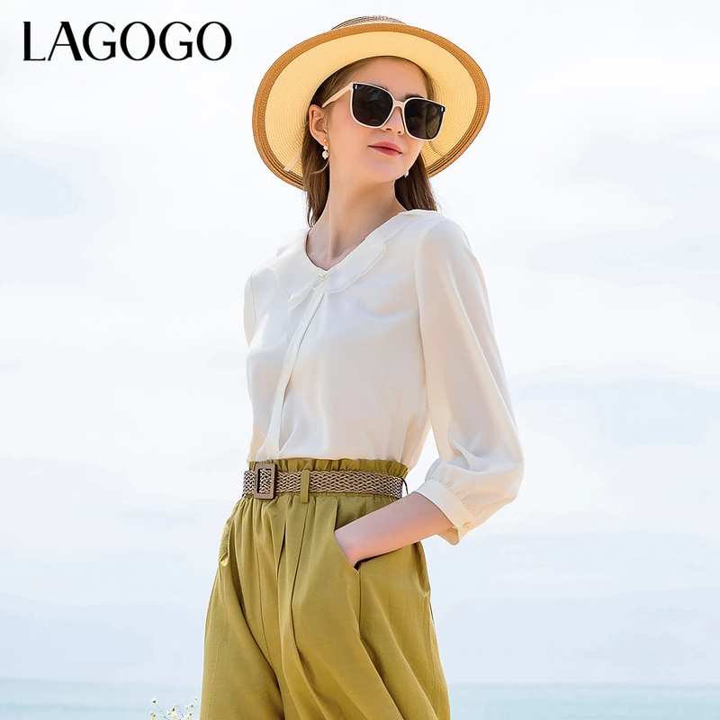 Lagogo新款精致双层娃娃领雪纺衫女MASS433A13